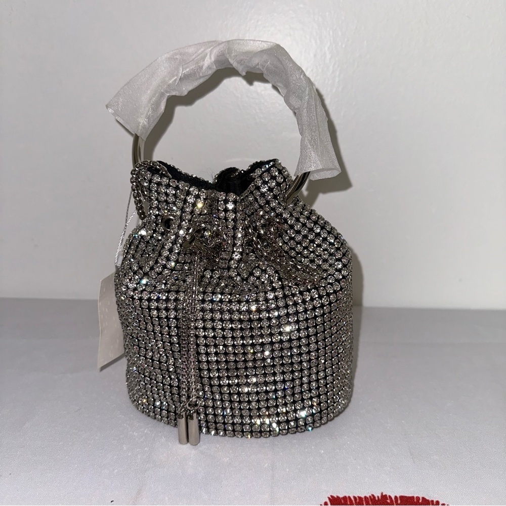 Clear Rhinestone Swing Handle Drawstring Tassel Closure Bucket Bag - Picture 5 of 11